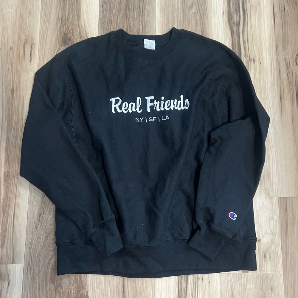 Champion Reverse Weave “Real Friends” Men's Black Crewneck Sweater / Sweatshirt